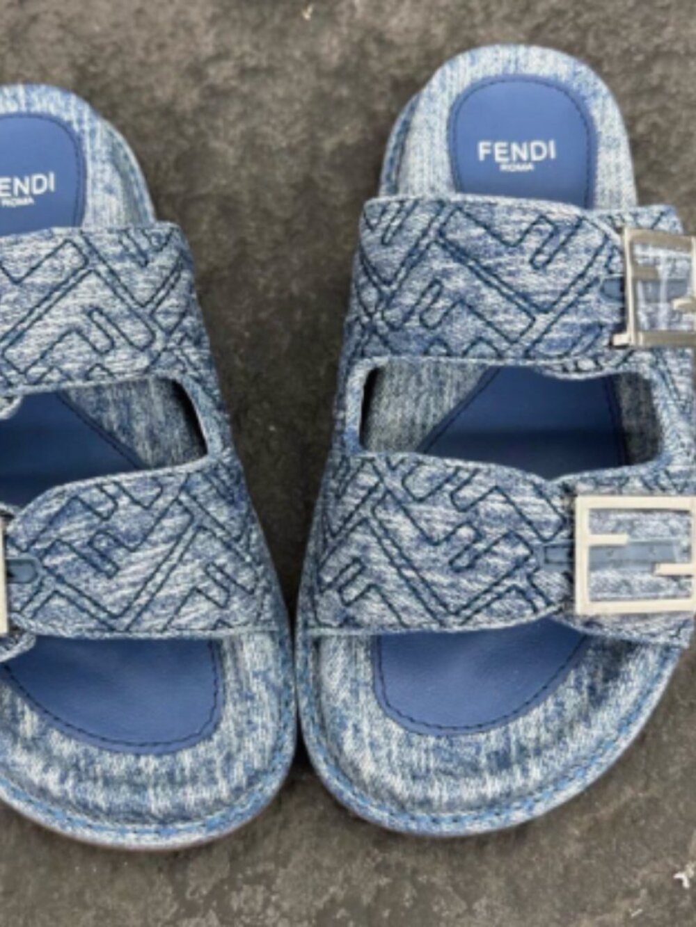 Fendi Blue FF Logo Denim Double Strap Slide Sandals
